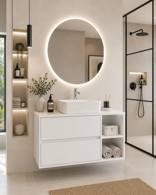Mueble de baño ZEUS con encimera de madera y lavabo sobreencimera