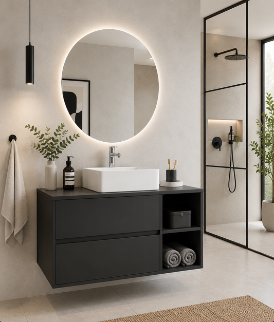 Mueble de baño ZEUS con encimera de madera y lavabo sobreencimera