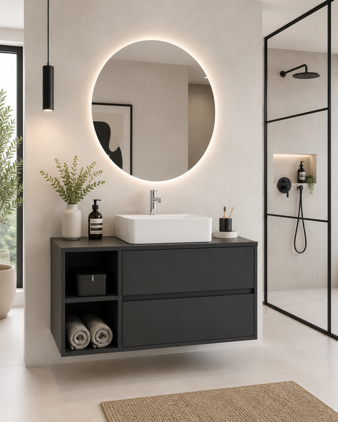 Mueble de baño ZEUS con encimera de madera y lavabo sobreencimera