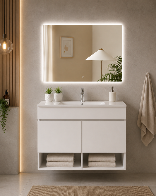 Mueble de baño suspendido NEBARI con puertas y lavabo extraplano