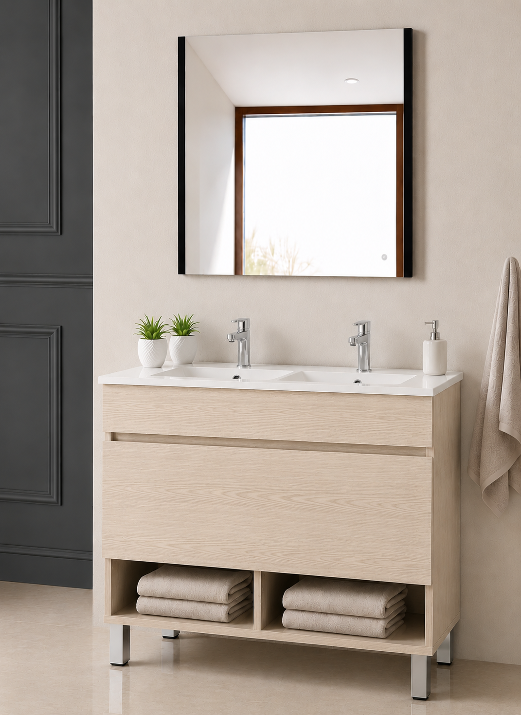 Mueble de baño con patas NEBARI con cajón y lavabo extraplano