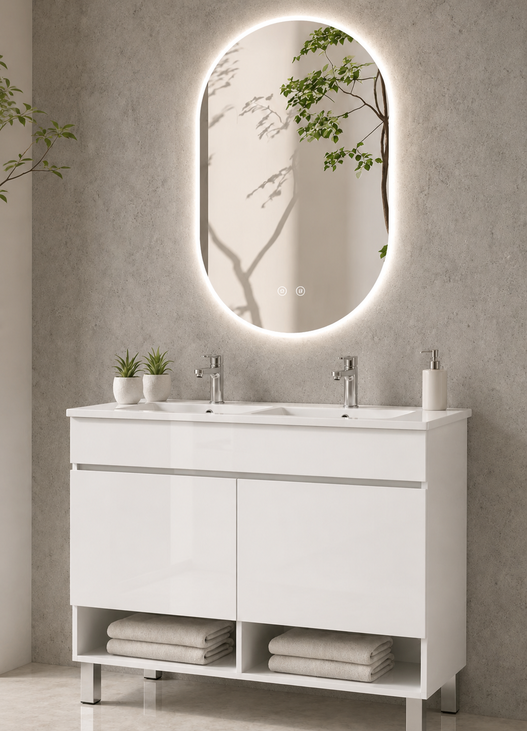 Mueble de baño con patas NEBARI con puertas y lavabo extraplano