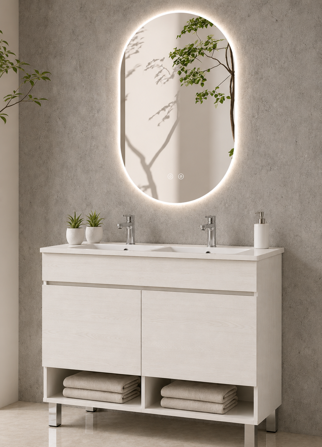 Mueble de baño con patas NEBARI con puertas y lavabo extraplano