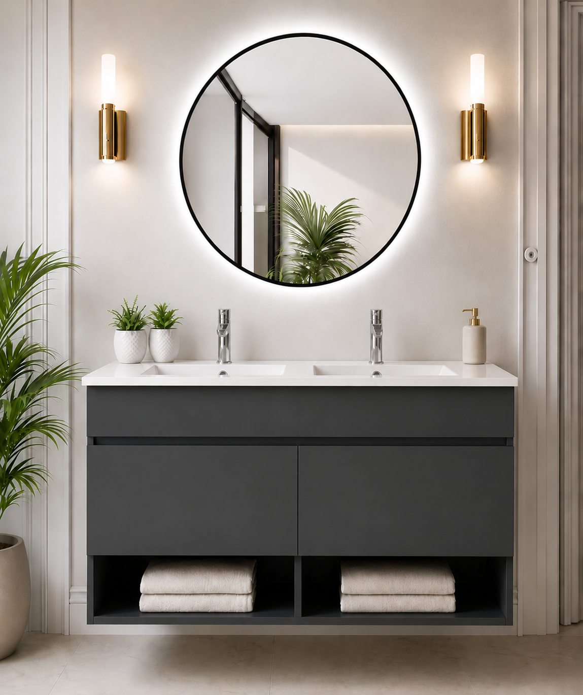 Mueble de baño suspendido NEBARI con puertas y lavabo extraplano