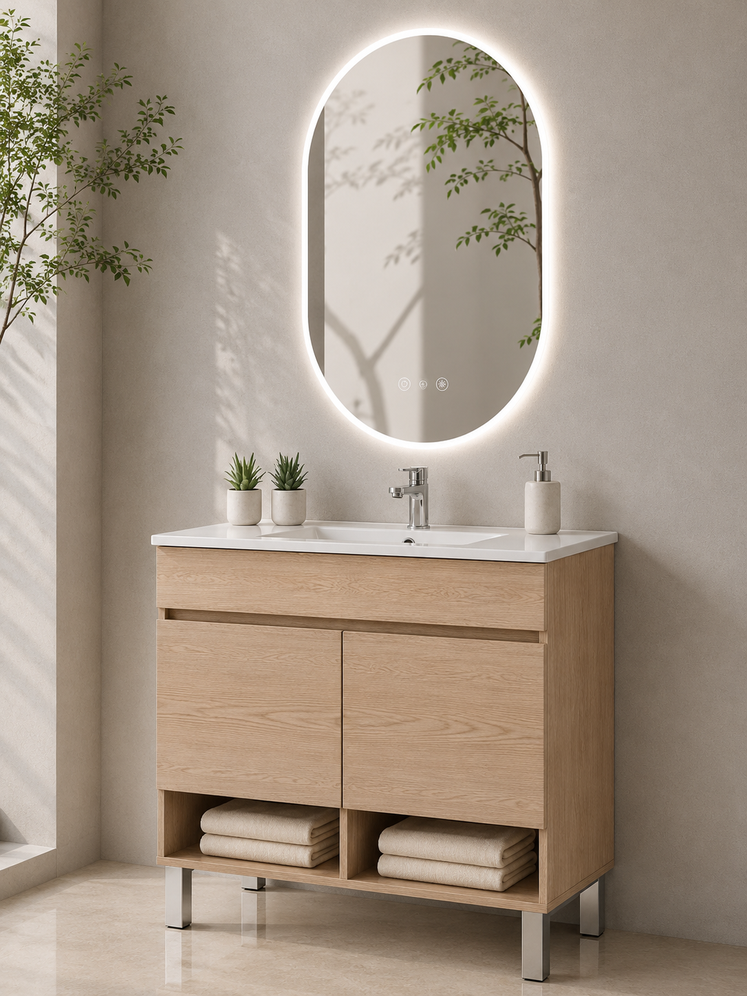 Mueble de baño con patas NEBARI con puertas y lavabo extraplano