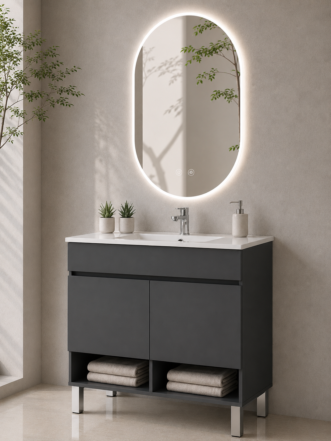 Mueble de baño con patas NEBARI con puertas y lavabo extraplano