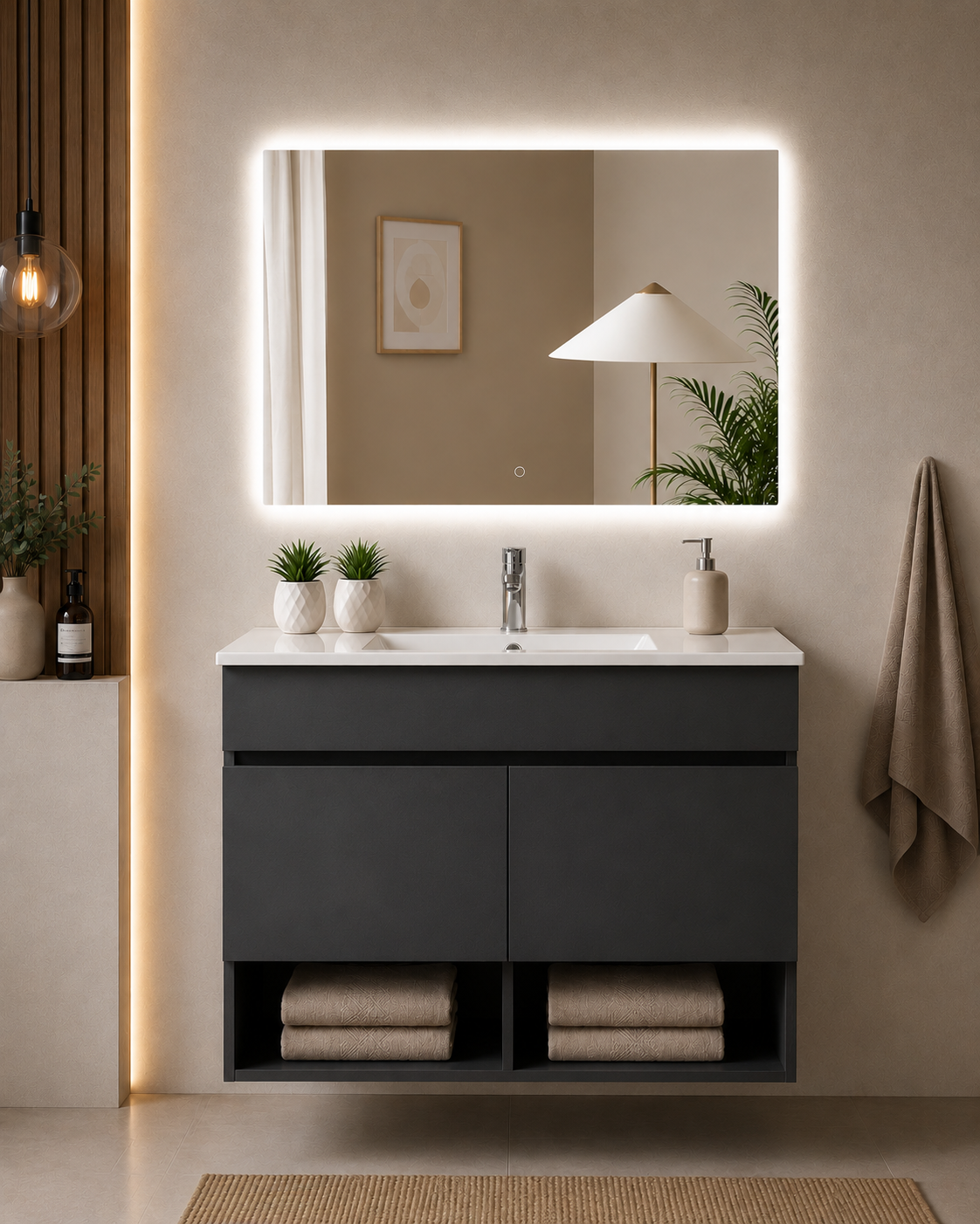 Mueble de baño suspendido NEBARI con puertas y lavabo extraplano