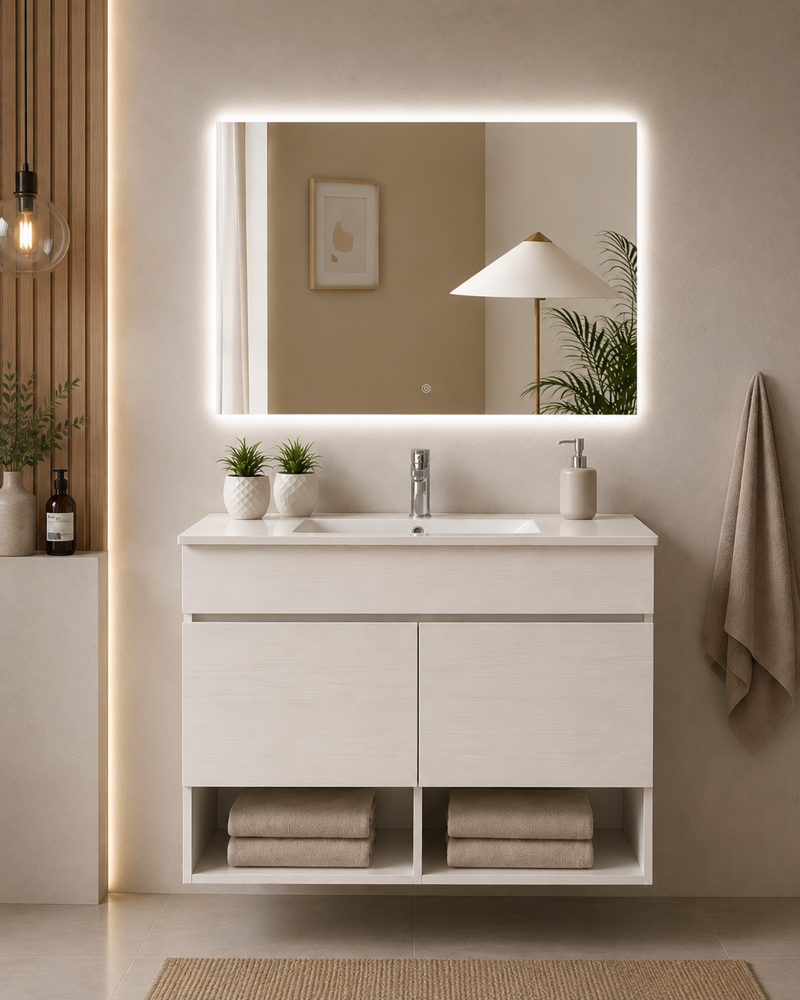 Mueble de baño suspendido NEBARI con puertas y lavabo extraplano