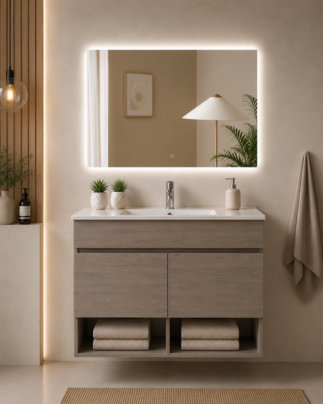 Mueble de baño suspendido NEBARI con puertas y lavabo extraplano