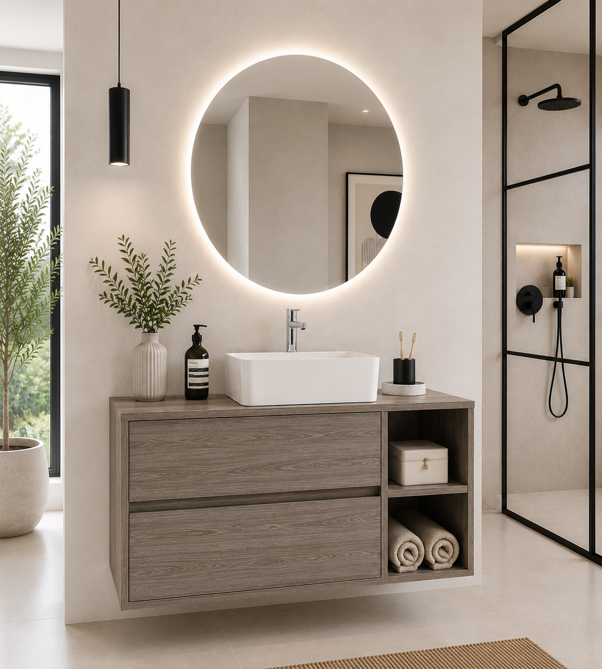 Mueble de baño ZEUS con encimera de madera y lavabo sobreencimera