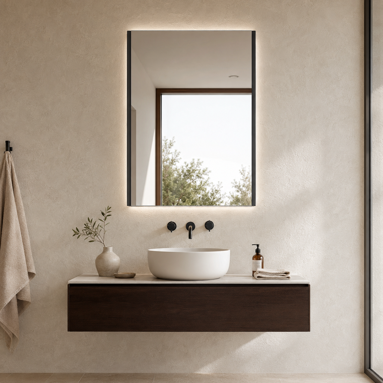 Espejo LED Megan con perfil negro en baño contemporáneo